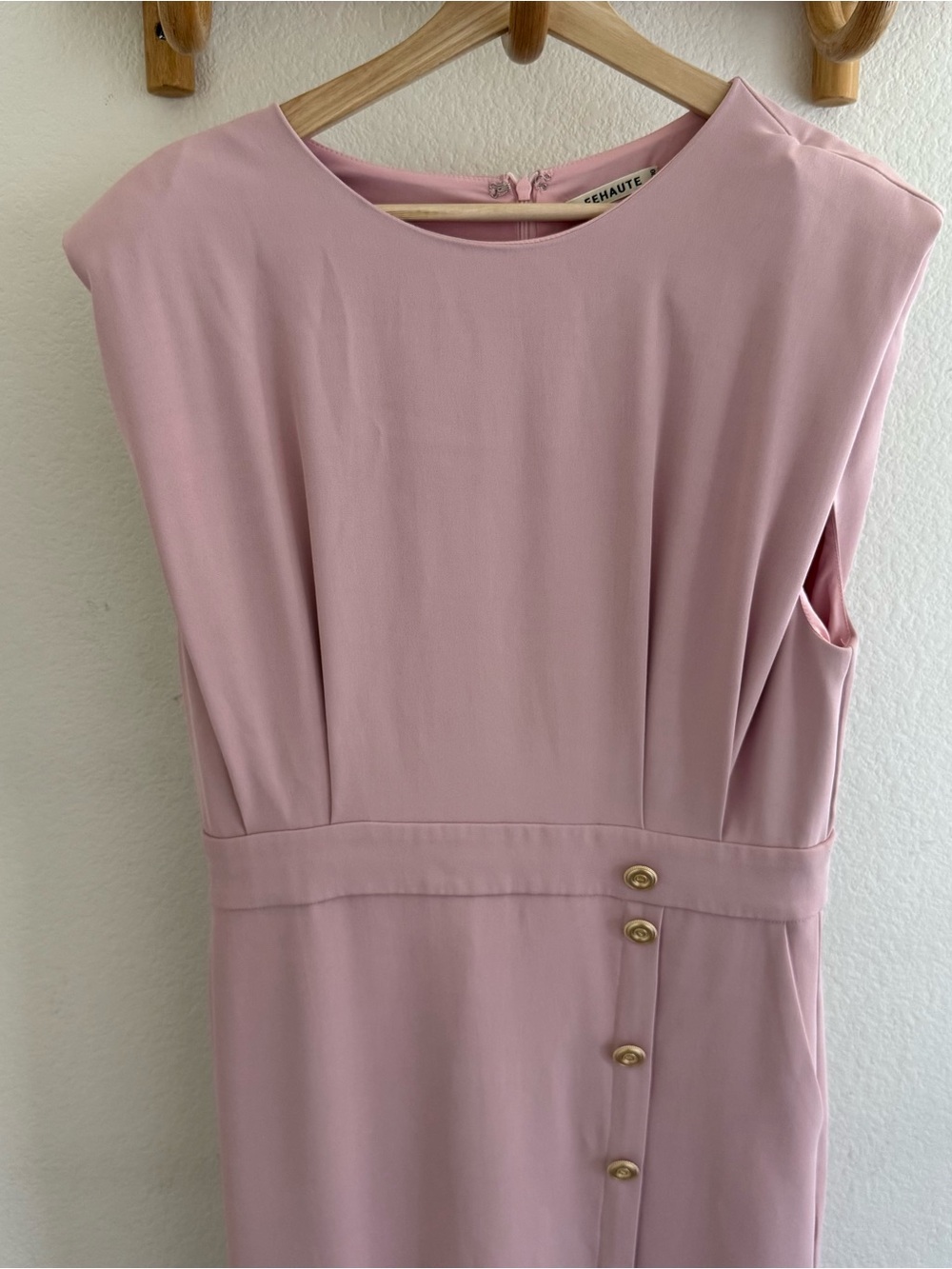 Fehaute pink sleeveless midi dress gold buttons slit shoulder pads pockets glam - Picture 3 of 9